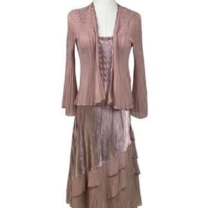 Rare Vintage Komarov Dusty Pink Crinkle Beaded Midi Dress w/ Jacket Whimsical S